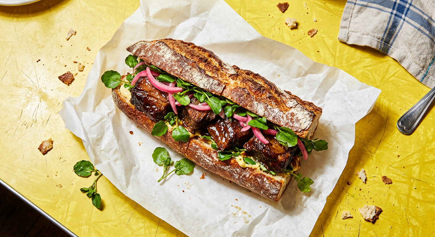 A crusty baguette stuffed with braised beef rib, pickled onions and greens
